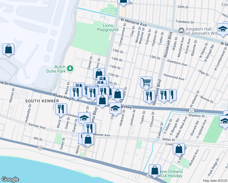 map of restaurants, bars, coffee shops, grocery stores, and more near 1015 Compromise Street in Kenner