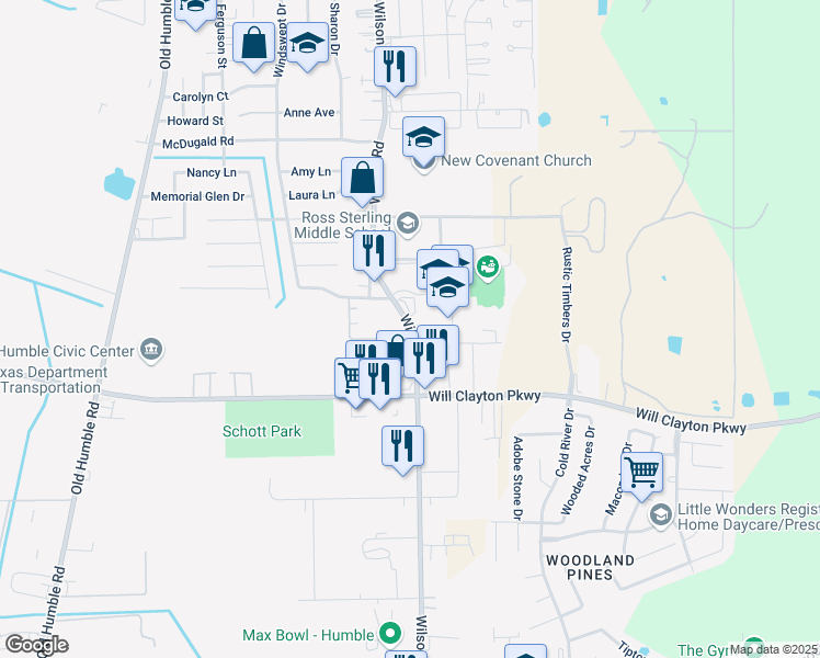 map of restaurants, bars, coffee shops, grocery stores, and more near 1404 Wilson Road in Humble