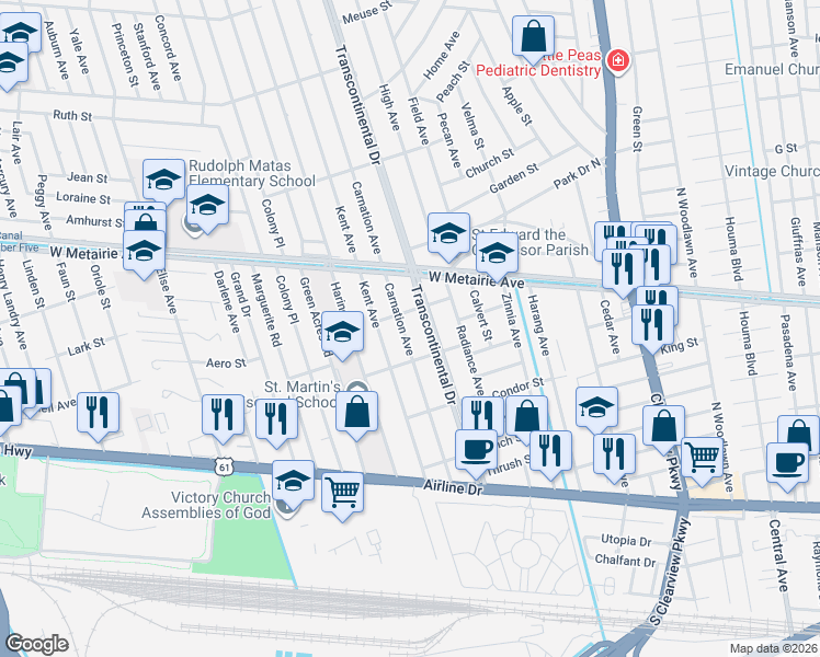 map of restaurants, bars, coffee shops, grocery stores, and more near 809 Carnation Avenue in Metairie