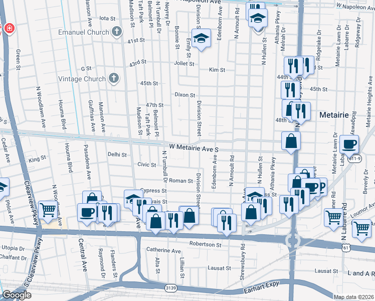 map of restaurants, bars, coffee shops, grocery stores, and more near 814 Waltham Street in Metairie