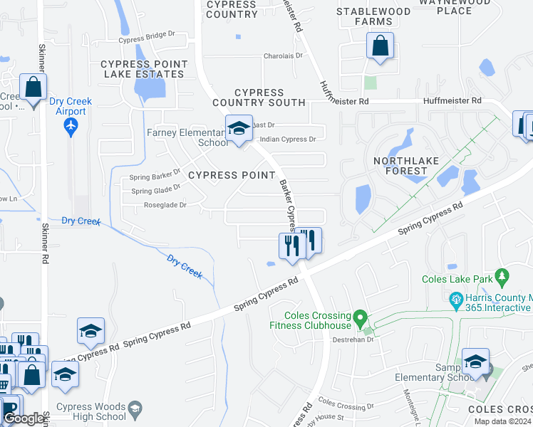 map of restaurants, bars, coffee shops, grocery stores, and more near 16231 Cypress Point Drive in Cypress