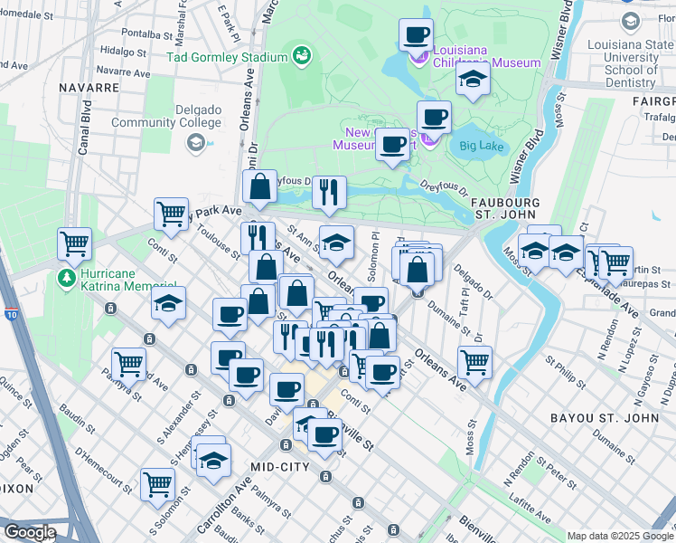 map of restaurants, bars, coffee shops, grocery stores, and more near 4217 Orleans Avenue in New Orleans