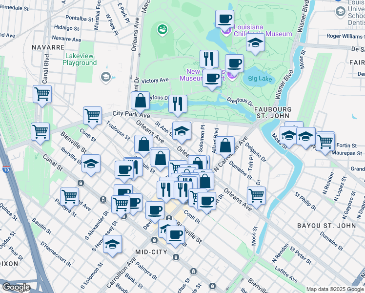 map of restaurants, bars, coffee shops, grocery stores, and more near 4217 Orleans Avenue in New Orleans