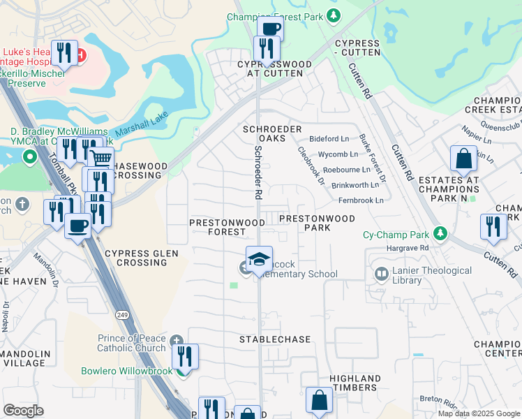 map of restaurants, bars, coffee shops, grocery stores, and more near 8046 High Hollow Lane in Houston