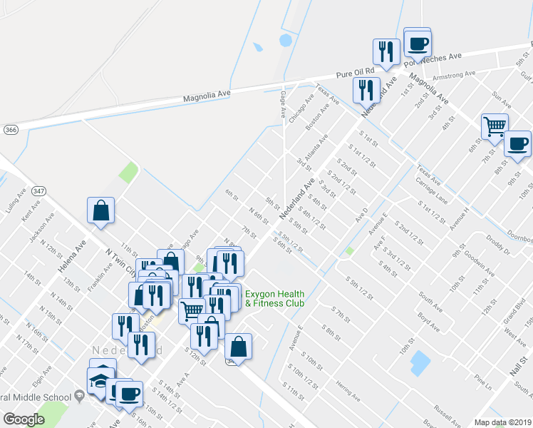 map of restaurants, bars, coffee shops, grocery stores, and more near 515 Atlanta Avenue in Nederland