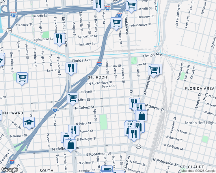 map of restaurants, bars, coffee shops, grocery stores, and more near 2558 North Rocheblave Street in New Orleans