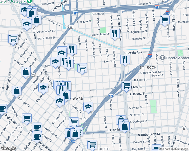 map of restaurants, bars, coffee shops, grocery stores, and more near 2424 Saint Anthony Street in New Orleans