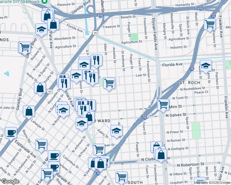 map of restaurants, bars, coffee shops, grocery stores, and more near 2012 North Dorgenois Street in New Orleans
