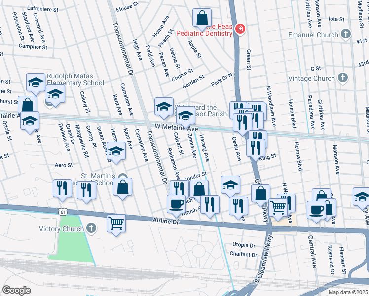 map of restaurants, bars, coffee shops, grocery stores, and more near 4816 Army Street in Metairie