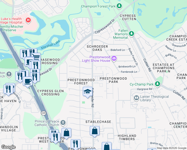 map of restaurants, bars, coffee shops, grocery stores, and more near 8046 High Hollow Lane in Houston