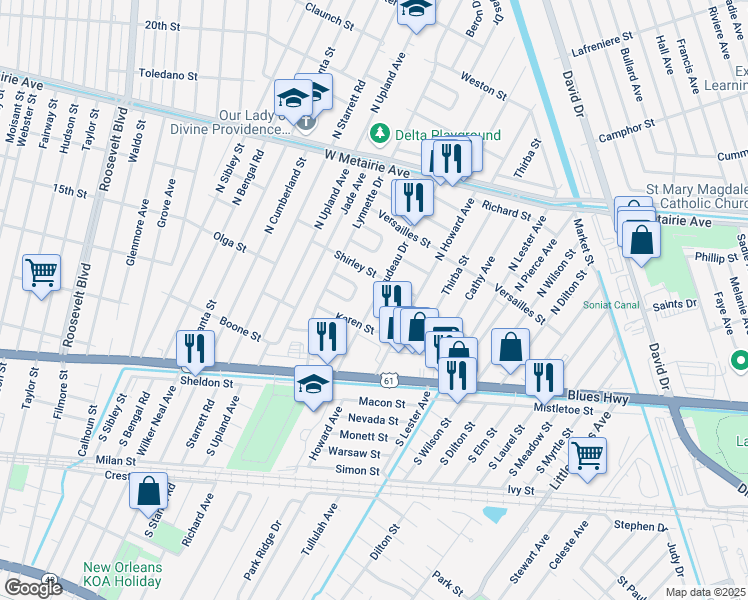 map of restaurants, bars, coffee shops, grocery stores, and more near 408 Trudeau Dr in Metairie