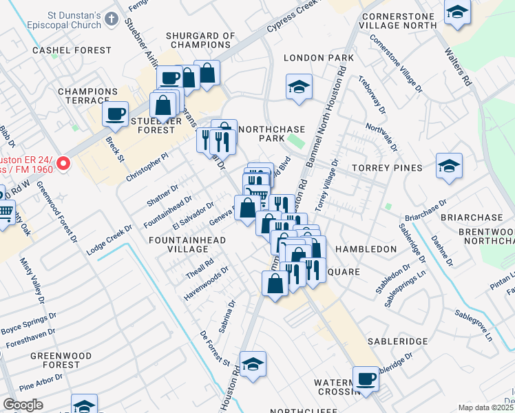 map of restaurants, bars, coffee shops, grocery stores, and more near 13480 Veterans Memorial Drive in Houston