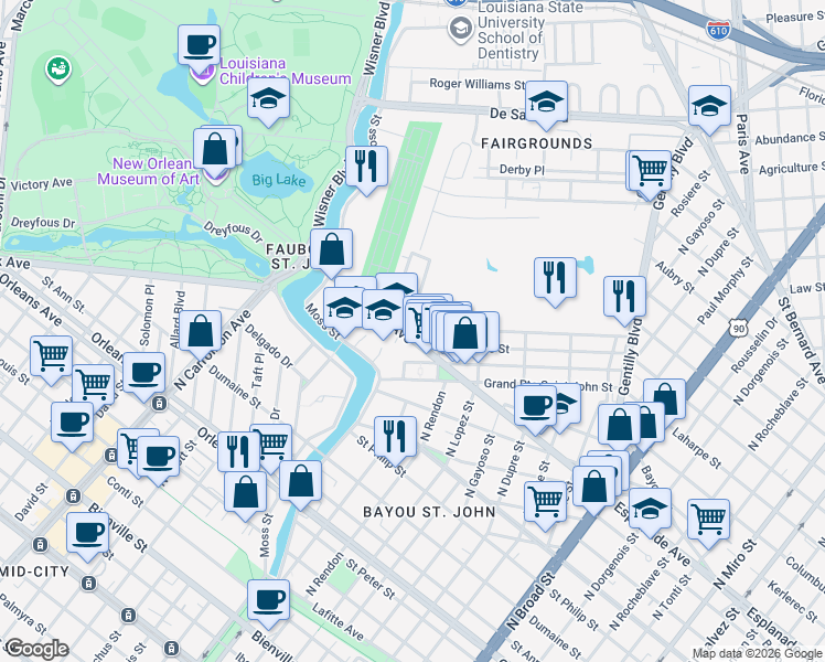 map of restaurants, bars, coffee shops, grocery stores, and more near 3343 Esplanade Avenue in New Orleans