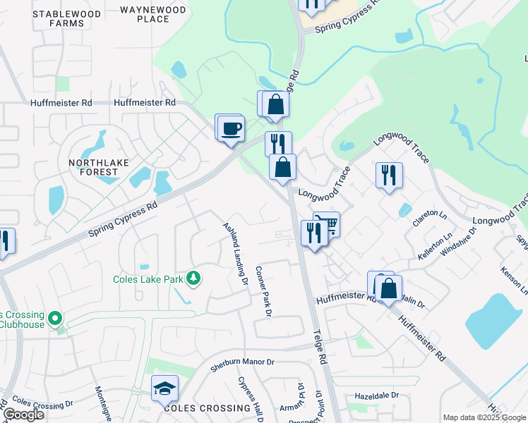 map of restaurants, bars, coffee shops, grocery stores, and more near 14210 Northface Manor Court in Cypress