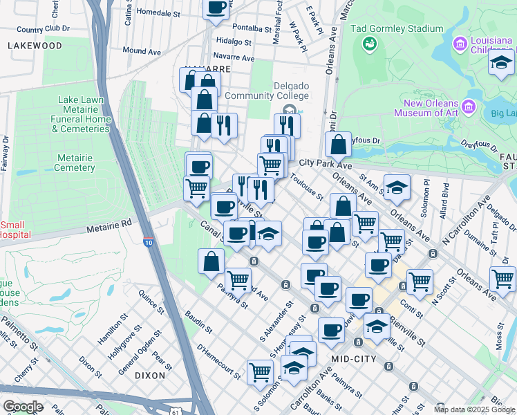 map of restaurants, bars, coffee shops, grocery stores, and more near 4821 Bienville Street in New Orleans
