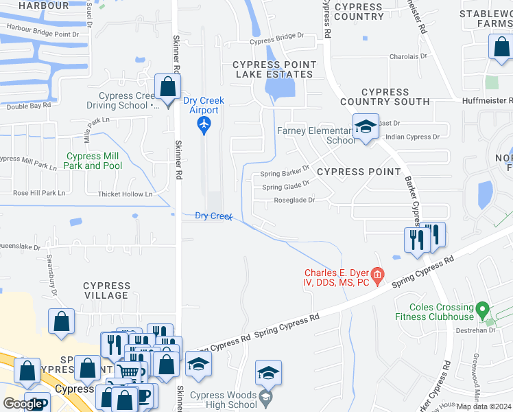 map of restaurants, bars, coffee shops, grocery stores, and more near 14214 Plum Springs Drive in Cypress