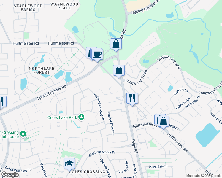 map of restaurants, bars, coffee shops, grocery stores, and more near 14210 Northface Manor Court in Cypress