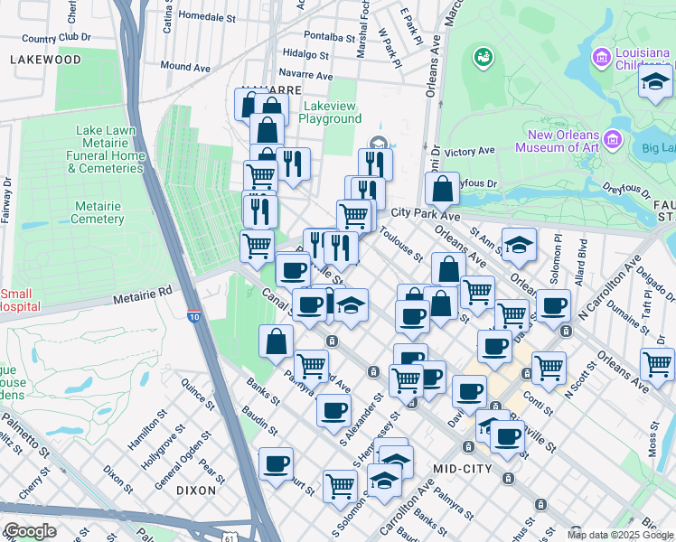 map of restaurants, bars, coffee shops, grocery stores, and more near 4821 Bienville Street in New Orleans