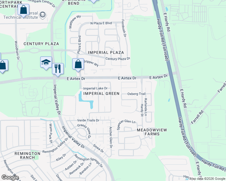 map of restaurants, bars, coffee shops, grocery stores, and more near 20035 Oland Way in Houston