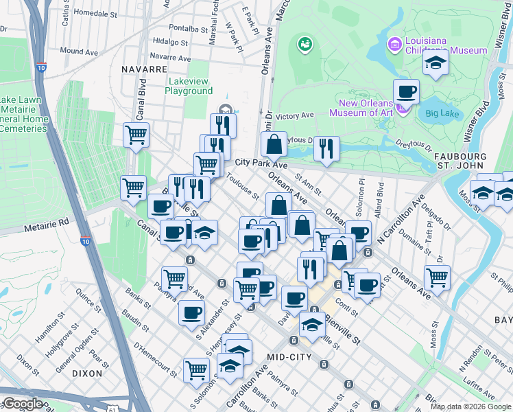 map of restaurants, bars, coffee shops, grocery stores, and more near 606 North Olympia Street in New Orleans