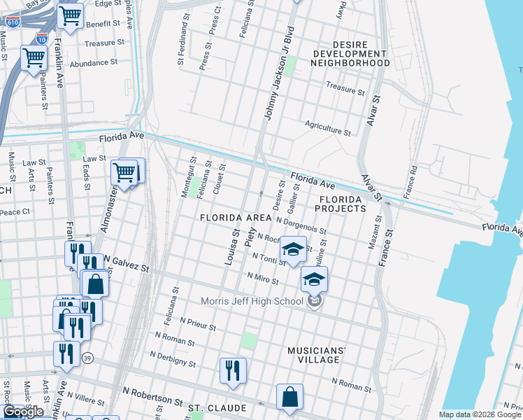 map of restaurants, bars, coffee shops, grocery stores, and more near 3240 Law Street in New Orleans