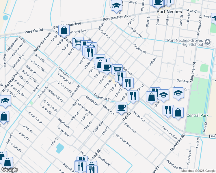 map of restaurants, bars, coffee shops, grocery stores, and more near 2225 11th Street in Port Neches
