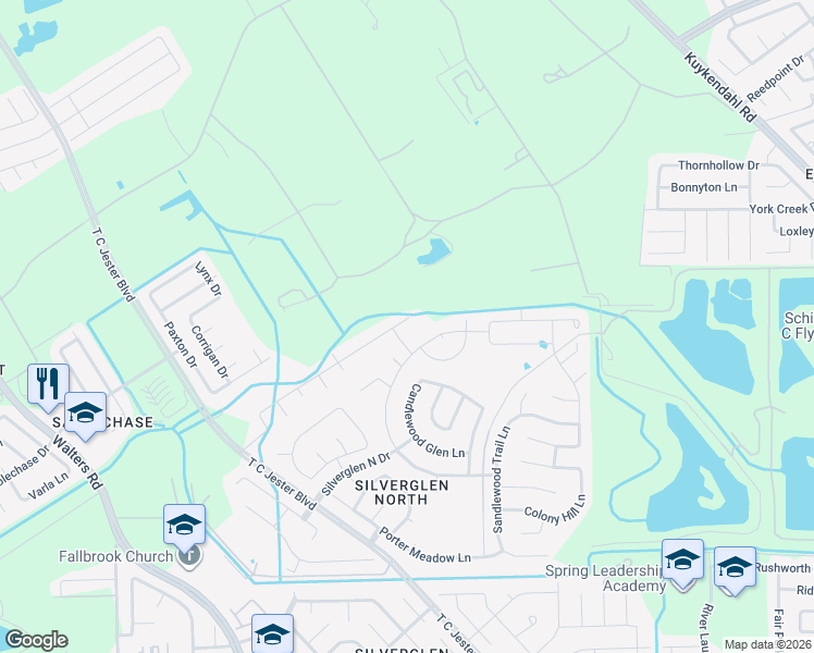 map of restaurants, bars, coffee shops, grocery stores, and more near 2914 Silverchase Meadows Drive in Houston
