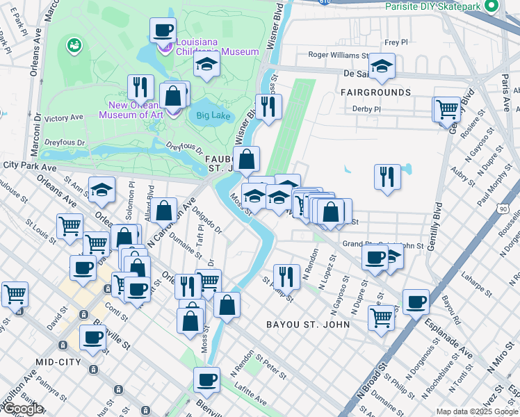 map of restaurants, bars, coffee shops, grocery stores, and more near 1400 Moss Street in New Orleans