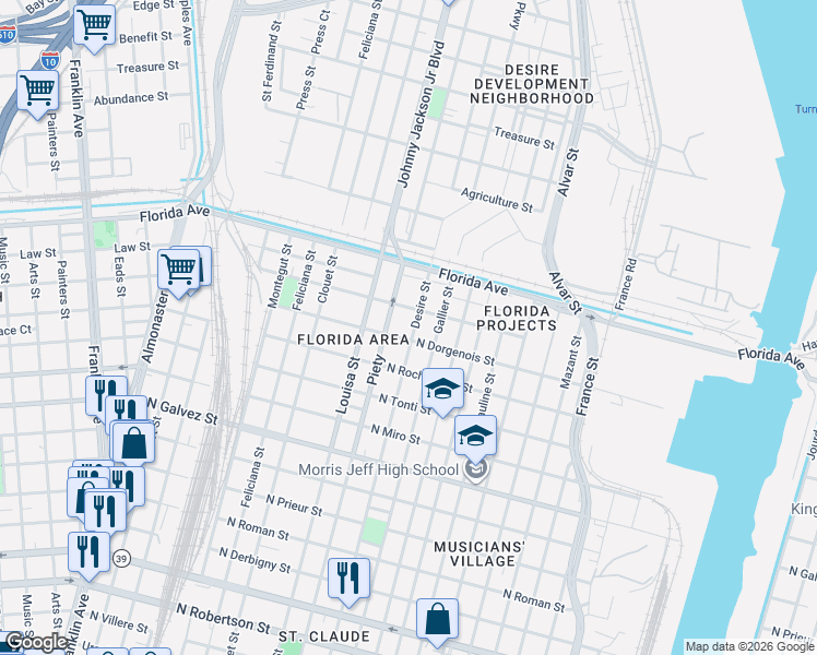 map of restaurants, bars, coffee shops, grocery stores, and more near 2538 Desire Street in New Orleans
