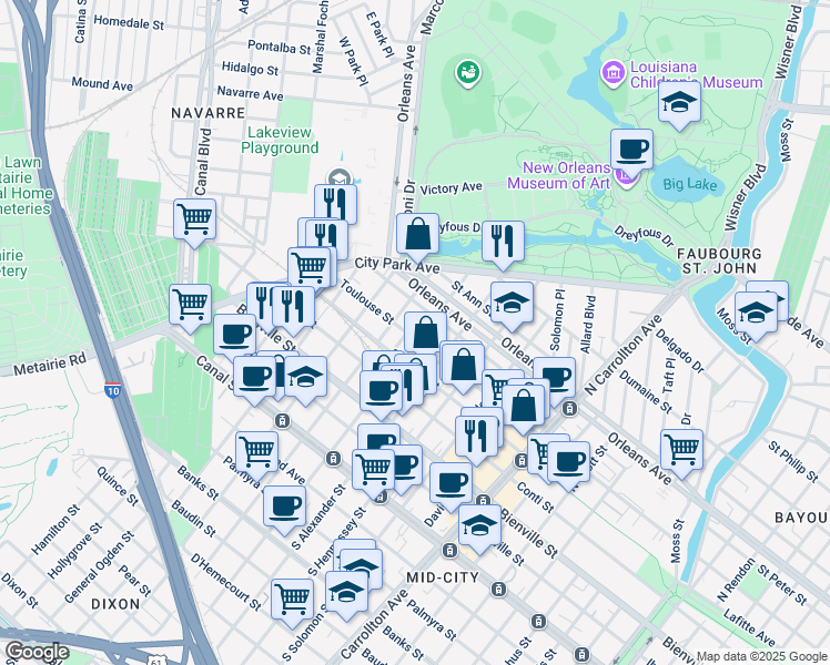map of restaurants, bars, coffee shops, grocery stores, and more near 606 North Olympia Street in New Orleans