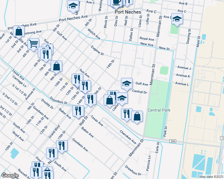 map of restaurants, bars, coffee shops, grocery stores, and more near 2057 Nall Street in Port Neches