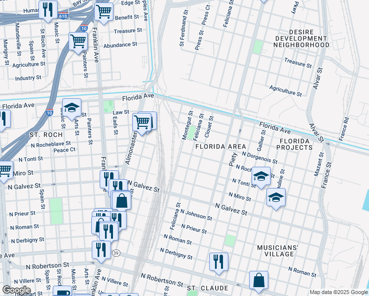 map of restaurants, bars, coffee shops, grocery stores, and more near 2419 Montegut Street in New Orleans