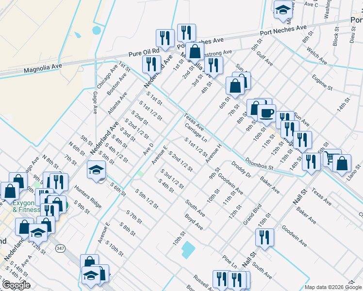 map of restaurants, bars, coffee shops, grocery stores, and more near 612 South 1st 1/2 Street in Nederland