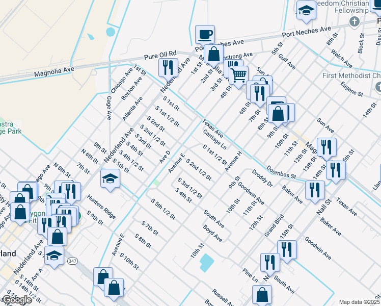map of restaurants, bars, coffee shops, grocery stores, and more near 608 South 2nd Street in Nederland