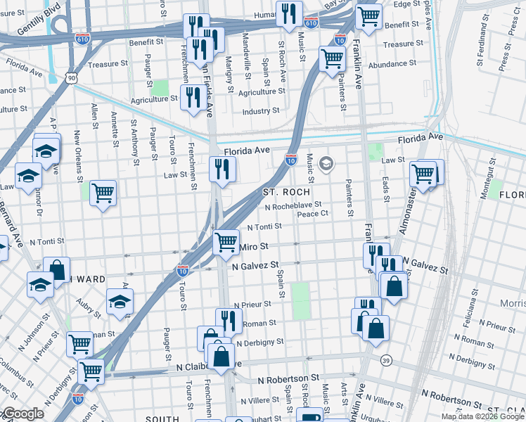 map of restaurants, bars, coffee shops, grocery stores, and more near 2401 Mandeville Street in New Orleans