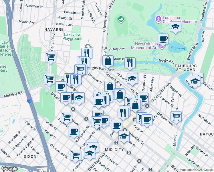 map of restaurants, bars, coffee shops, grocery stores, and more near 606 North Olympia Street in New Orleans