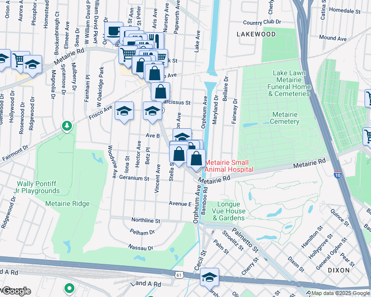 map of restaurants, bars, coffee shops, grocery stores, and more near 131 Lake Avenue in Metairie