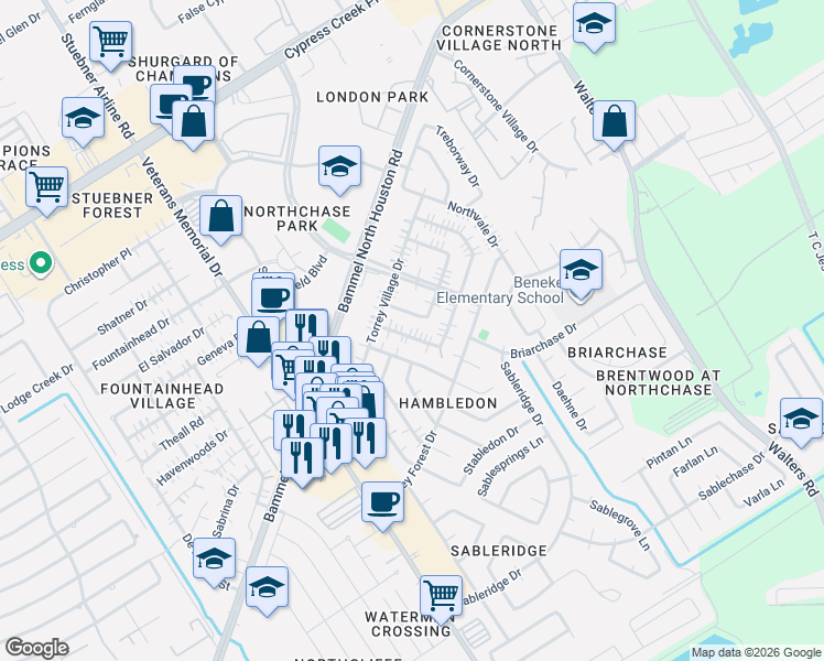 map of restaurants, bars, coffee shops, grocery stores, and more near 14202 Pheasant Hill Drive in Houston