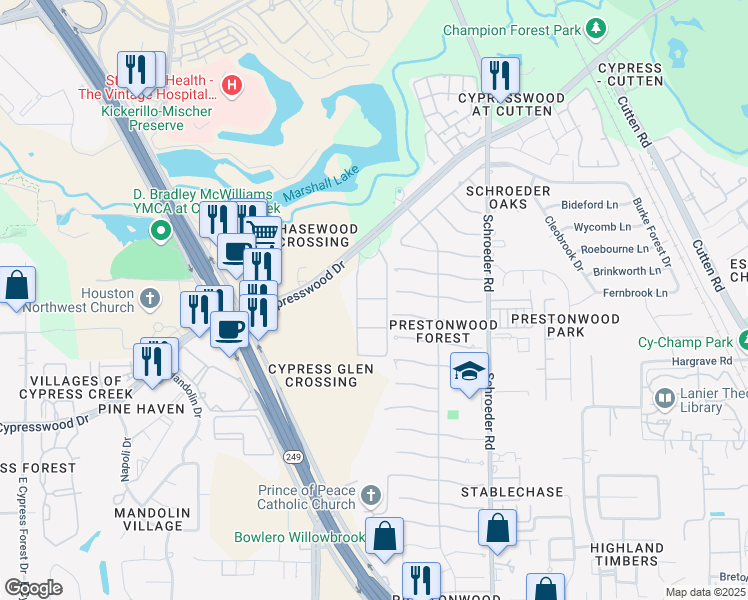 map of restaurants, bars, coffee shops, grocery stores, and more near 9889 Cypresswood Drive in Houston