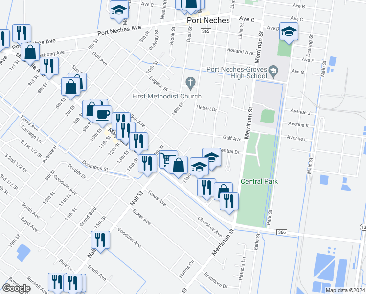 map of restaurants, bars, coffee shops, grocery stores, and more near 2055 Nall Street in Port Neches