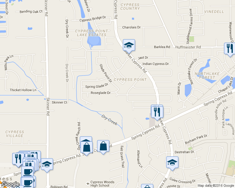 map of restaurants, bars, coffee shops, grocery stores, and more near 16730 Barker Bayou Court in Cypress