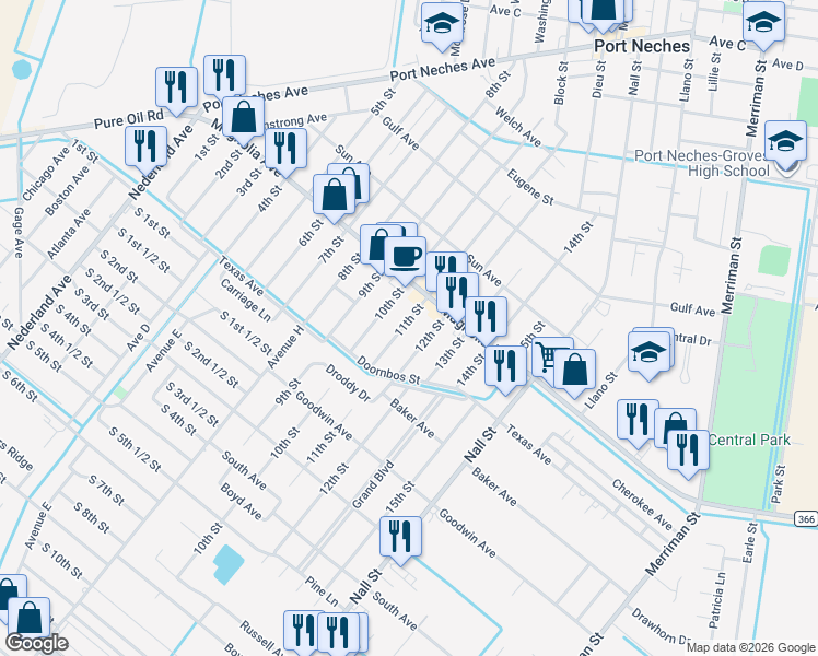 map of restaurants, bars, coffee shops, grocery stores, and more near 2225 11th Street in Port Neches