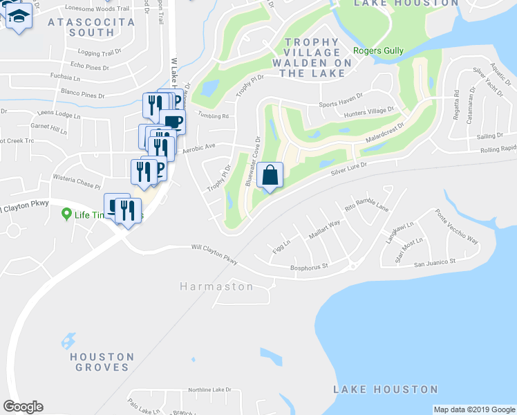 map of restaurants, bars, coffee shops, grocery stores, and more near 7815 Silver Lure Drive in Humble