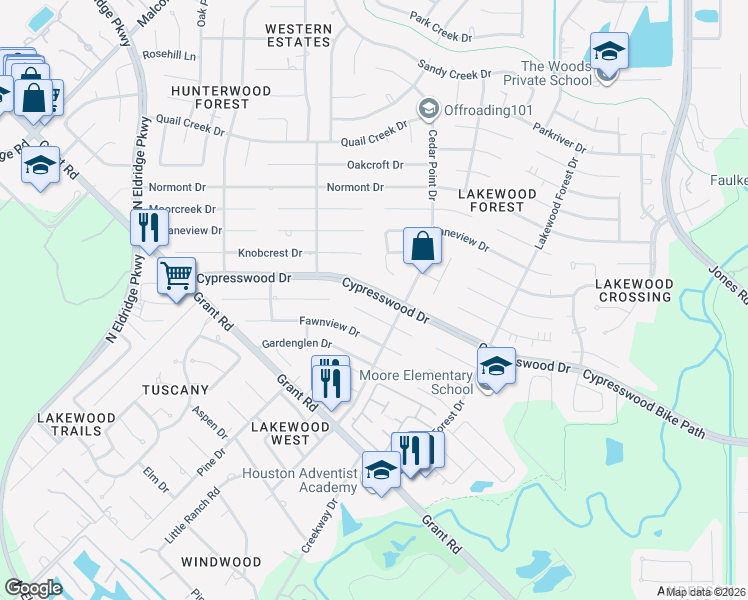 map of restaurants, bars, coffee shops, grocery stores, and more near 11919 Cypresswood Drive in Houston