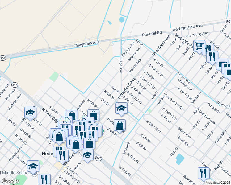 map of restaurants, bars, coffee shops, grocery stores, and more near 504 Atlanta Avenue in Nederland