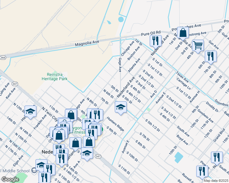 map of restaurants, bars, coffee shops, grocery stores, and more near 117 North 5th Street in Nederland