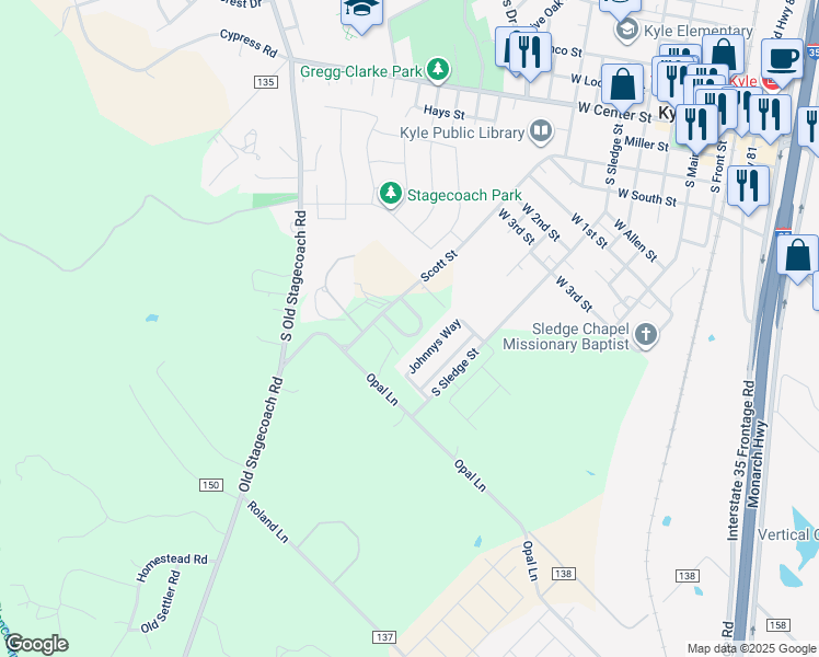 map of restaurants, bars, coffee shops, grocery stores, and more near 107 Hitching Post Road in Kyle
