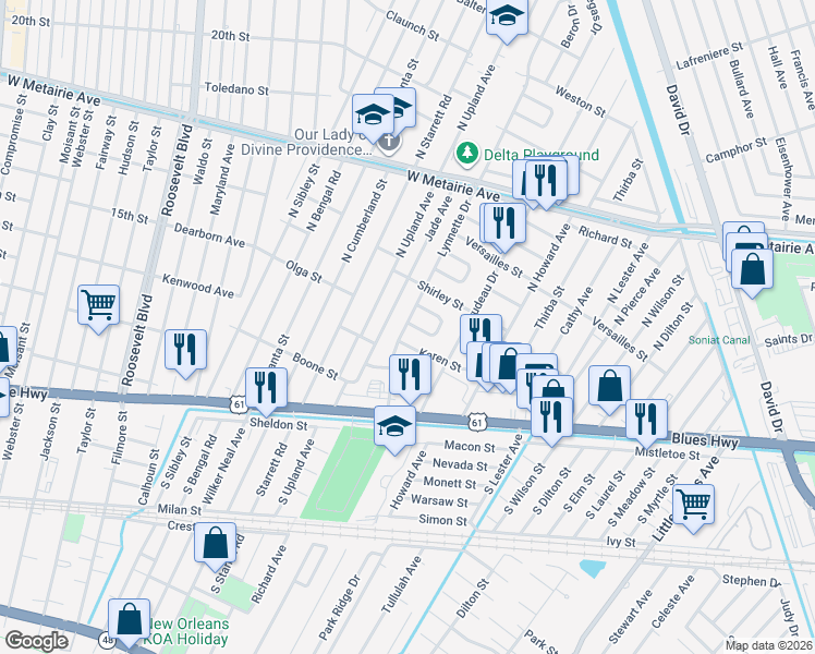 map of restaurants, bars, coffee shops, grocery stores, and more near 29 Albert Court in Metairie