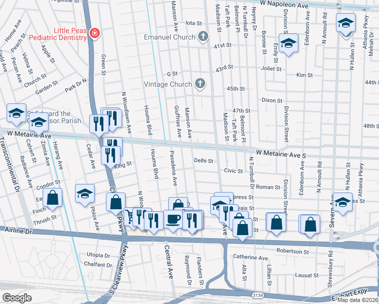 map of restaurants, bars, coffee shops, grocery stores, and more near 822 Manson Avenue in Metairie
