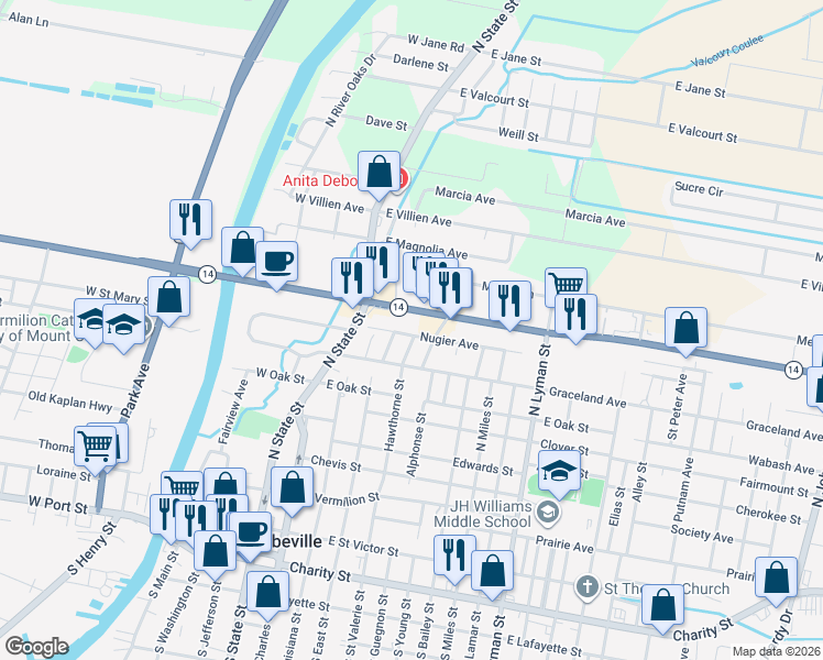 map of restaurants, bars, coffee shops, grocery stores, and more near 421 Nugier Avenue in Abbeville